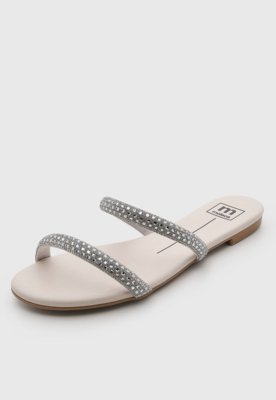 Rasteira Feminina Moleca Tiras Strass Off-White