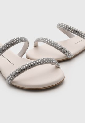 Rasteira Feminina Moleca Tiras Strass Off-White