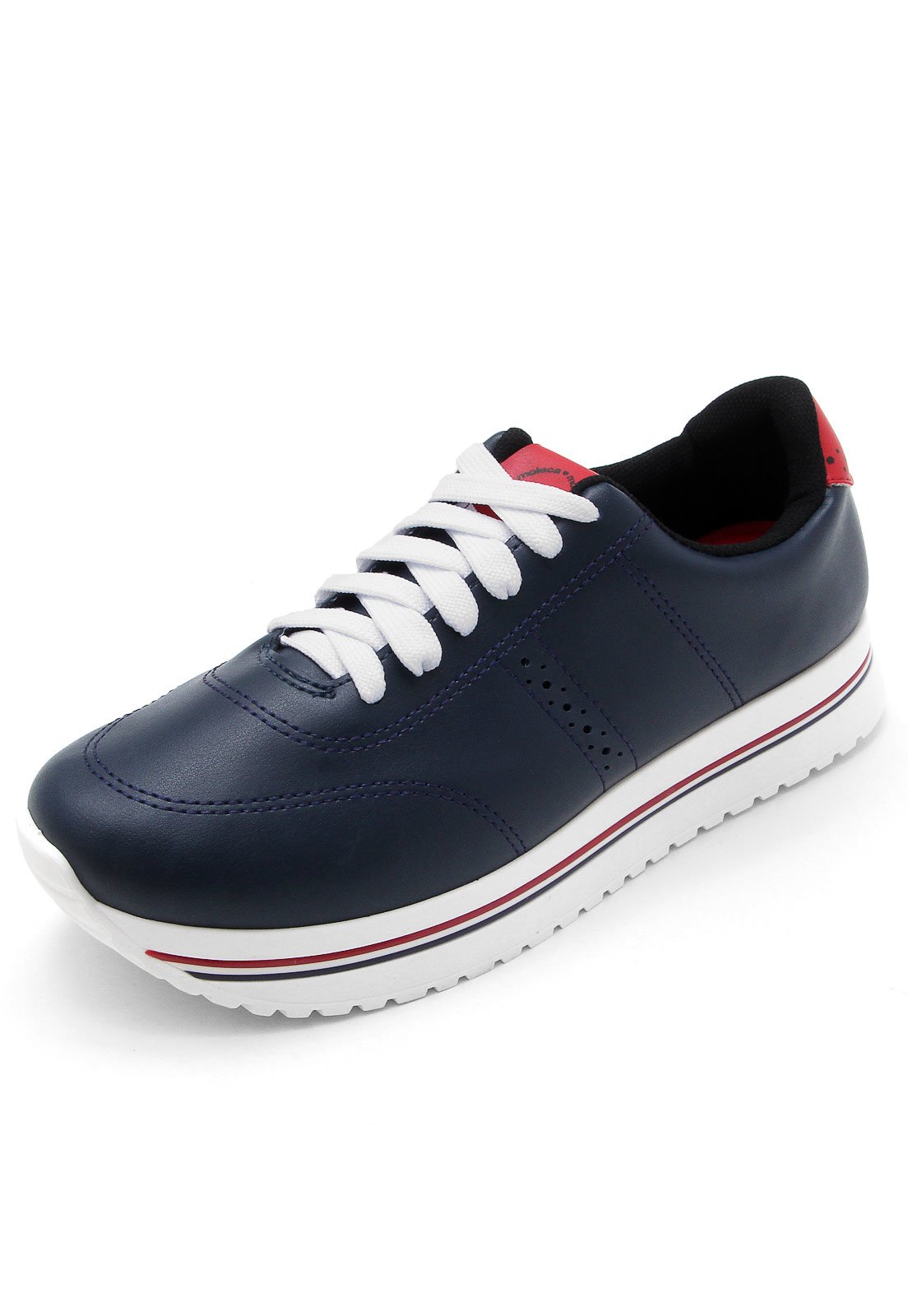 tenis branco com listra azul e vermelha