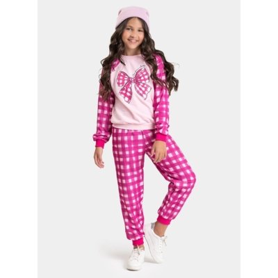 Conjunto Inverno Menina Rosa Blusão Raglan e Calça em Moletom Laço Xadrez