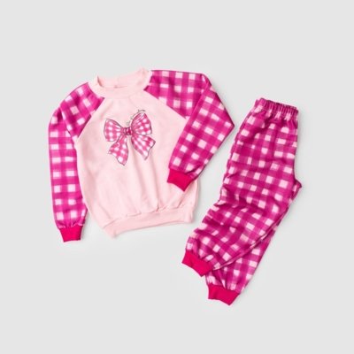 Conjunto Inverno Menina Rosa Blusão Raglan e Calça em Moletom Laço Xadrez