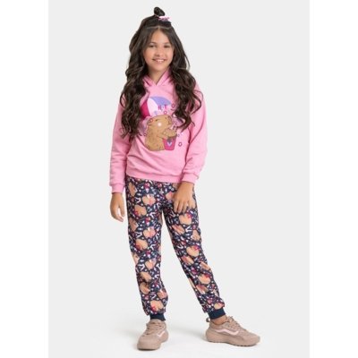 Conjunto Inverno Menina Rosa Blusão com Capuz e Calça em Moletom Capivara