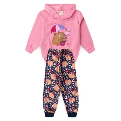 Conjunto Inverno Menina Rosa Blusão com Capuz e Calça em Moletom Capivara