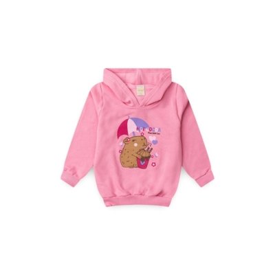 Conjunto Inverno Menina Rosa Blusão com Capuz e Calça em Moletom Capivara