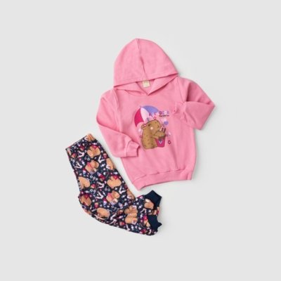 Conjunto Inverno Menina Rosa Blusão com Capuz e Calça em Moletom Capivara