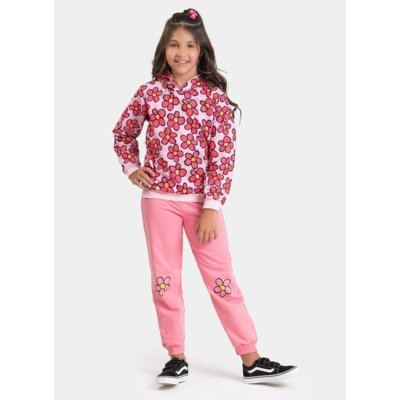 Conjunto Inverno Menina Rosa Blusão com Capuz e Calça em Moletom Margaridas