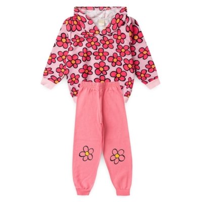 Conjunto Inverno Menina Rosa Blusão com Capuz e Calça em Moletom Margaridas