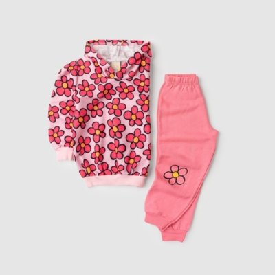 Conjunto Inverno Menina Rosa Blusão com Capuz e Calça em Moletom Margaridas