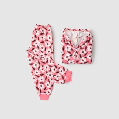 Conjunto Inverno Menina Rosa Claro Jaqueta com Capuz e Calça em Moletom Florido