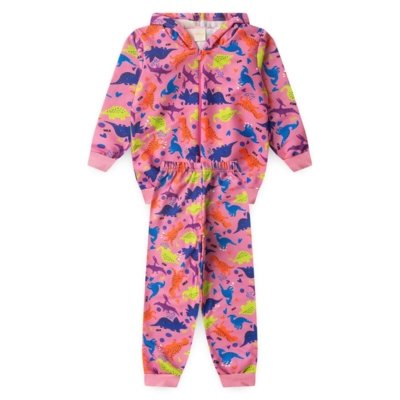 Conjunto Inverno Menina Rosa Jaqueta Com Capuz e Calça em Moletom Dino