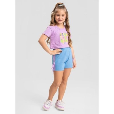 Conjunto Verão Menina Lilás Cropped Over e Shorts com Filete e Laço