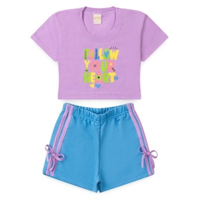 Conjunto Verão Menina Lilás Cropped Over e Shorts com Filete e Laço
