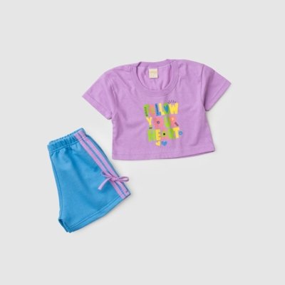 Conjunto Verão Menina Lilás Cropped Over e Shorts com Filete e Laço