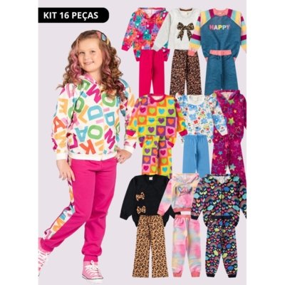 Kit Sortido 16 Peças de Roupas Infantis Menina Inverno - 8 Conjuntos