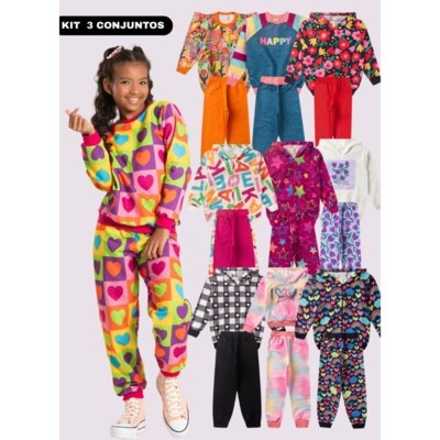 Kit Sortido Molekada 6 Peças de Roupas Infantis Menina Inverno Multicolorido - 3 Conjuntos