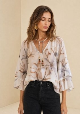 Blusa Decote V Flora - Azul