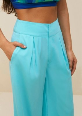 Calça Morena Rosa Alfaiataria Cós Alto Com Pregas Azul