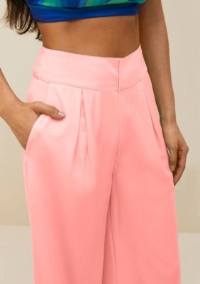 Calça Morena Rosa Alfaiataria Cós Alto Com Pregas Rosa