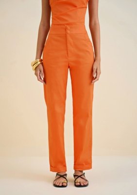 Calça Morena Rosa Reta Cós Alto Alfaiataria Laranja