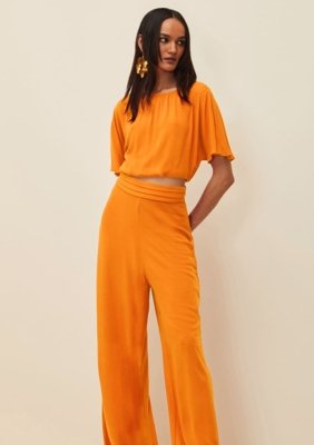 Calça Morena Rosa Reta Cós Alto Bolso Faca Laranja