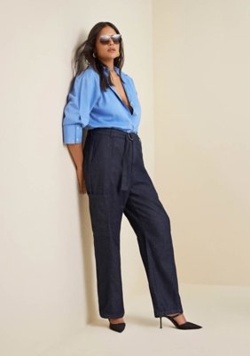 Calça Morena Rosa Reta Cós Alto Com Cinto Jeans