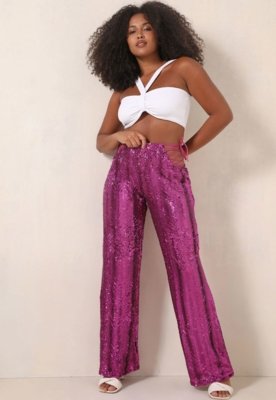 Calça Morena Rosa Reta Paetê Cut Out Roxa