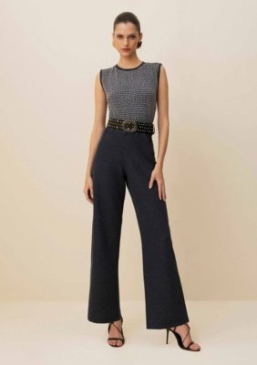 Calça Morena Rosa Wide Cós Alto Bolso Faca Azul Azul Marinho