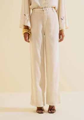Calca Sarja Wide Leg Florada - Off-white