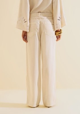 Calca Sarja Wide Leg Florada - Off-white