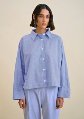 Camisa Morena Rosa Oversized Polo Manga Longa Alongada Azul