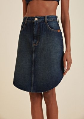 Saia Morena Rosa Midi Reta Com Bolso Relogio Jeans