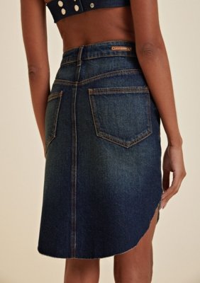 Saia Morena Rosa Midi Reta Com Bolso Relogio Jeans
