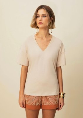 T-Shirt Morena Rosa Decote V Detalhe Ribana Bege