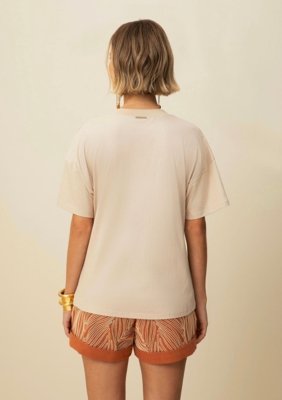 T-Shirt Morena Rosa Decote V Detalhe Ribana Bege