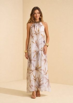 Vestido Gola Alta Flora - Azul