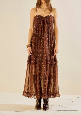 Vestido Morena Rosa Ajustado Decote Reto Com Alça Midi - Marrom
