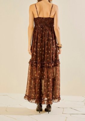Vestido Morena Rosa Ajustado Decote Reto Com Alça Midi - Marrom