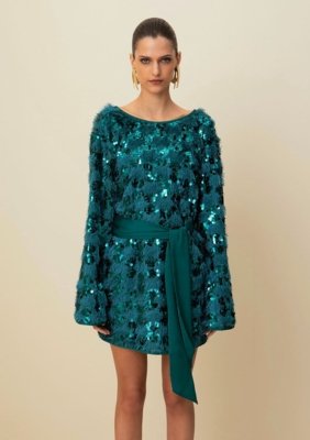 Vestido Morena Rosa Curto Decote Redondo Com Faixa Verde