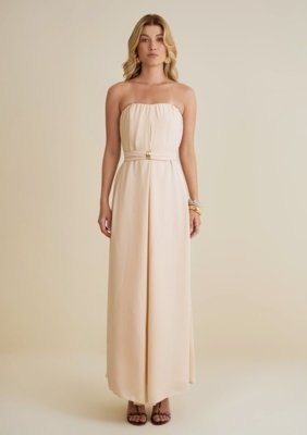 Vestido Morena Rosa Solto Decote Reto Com Alça Longo Bege