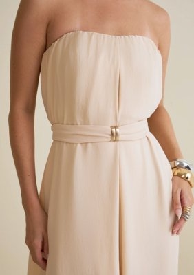 Vestido Morena Rosa Solto Decote Reto Com Alça Longo Bege