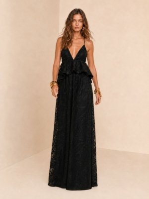 Vestido Morena Rosa Solto Decote V Com Alça Longo - Preto