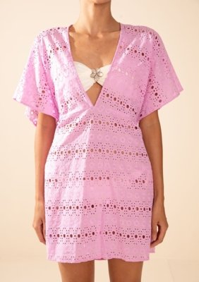 Vestido Morena Rosa Solto Decote V Manga Curta Curto Rosa