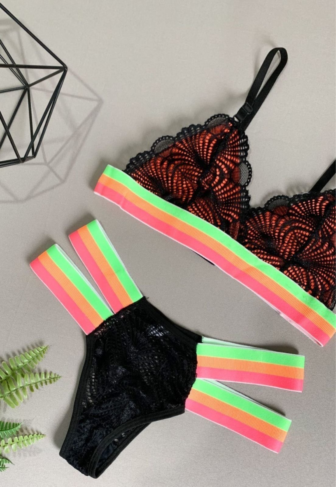 Conjunto Lingerie Sem Bojo Calcinha Sutiã Renda Neon Tiras Elástico