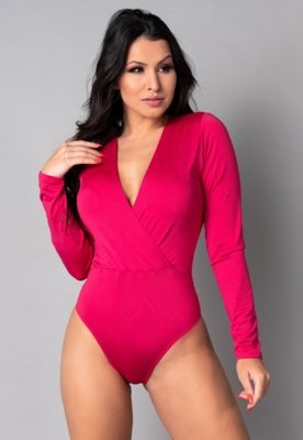 Body MVB Modas Decote Transpassado Manga Longa Rosa