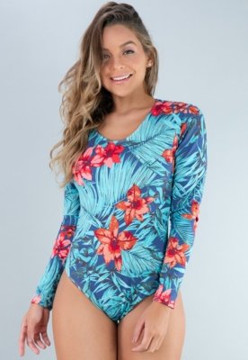 Body MVB Modas Estampado Manga Longa Costa Fechada Collant Amazônia