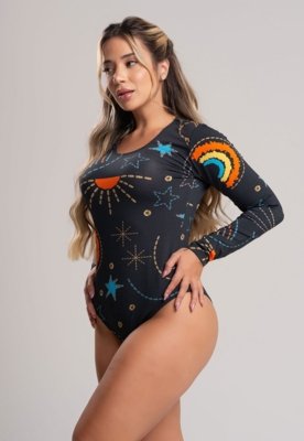 Body MVB Modas Estampado Manga Longa Costa Fechada Collant Cosmic