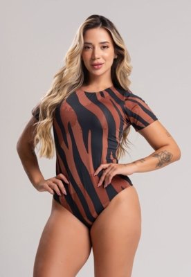 Body MVB Modas Manga Curta Collant Liso Safari