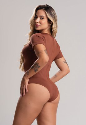 Body MVB Modas Manga Curta Collant Marrom