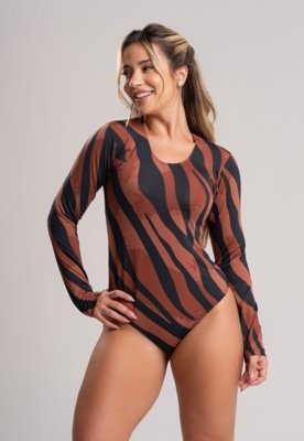 Body MVB Modas Manga Longa Costa Fechada Collant Estampado Safari