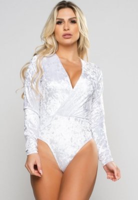 Body MVB Modas Manga Longa Transpassado Costa Fechada Veludo Branco